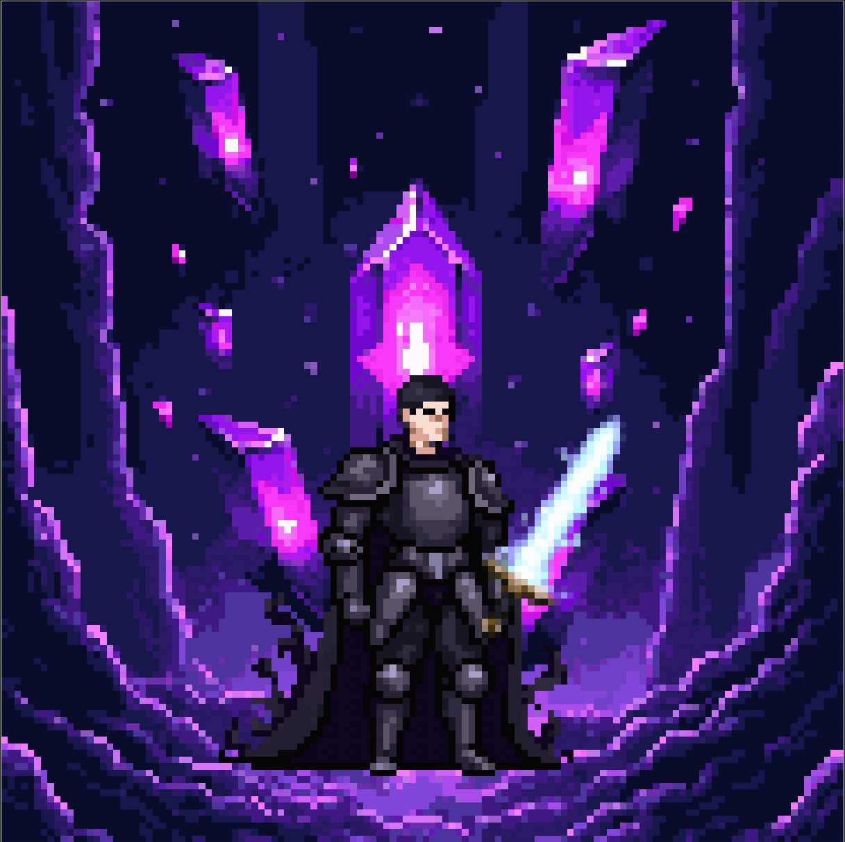 A Legendary Knight — black plate, a blade lit in the crystal deep